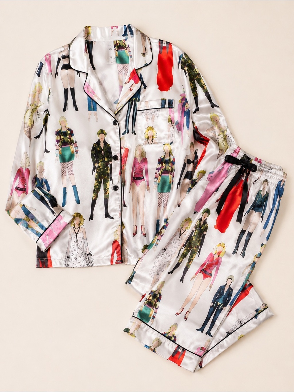 NWT Sheshow Satin Fashion Illustration Pajama Set Long Sleeve Button Up Lounge S - Picture 2 of 4
